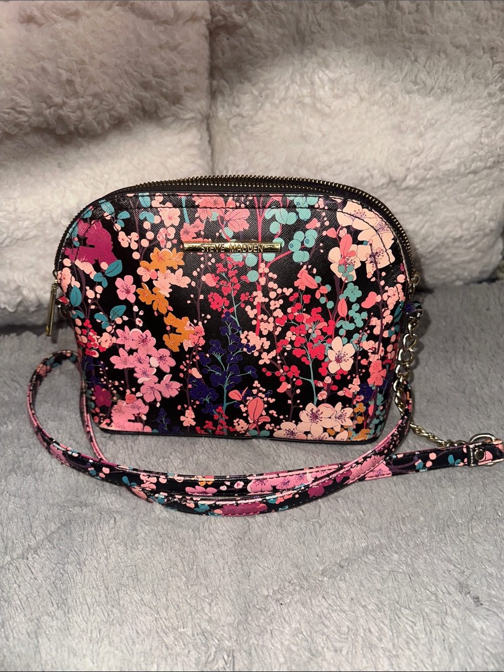 Steve Madden Black Floral Crossbody with Pink & Teal Accents